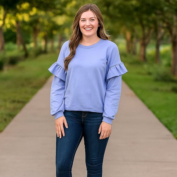 Eloquii Elements Women Blue Ruffle Sleeve Soft Cropped Sweatshirt Top 18/20 Boho - Picture 1 of 10